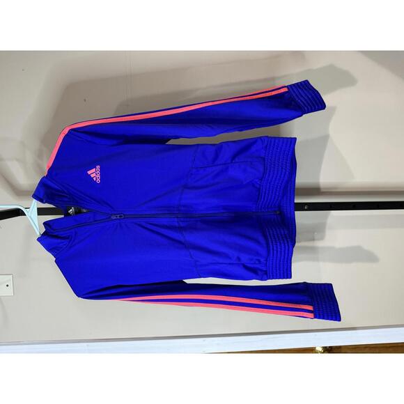adidas Jackets & Blazers - Adidas Women's Blue Zip-Up Jacket with Pink Stripes Large